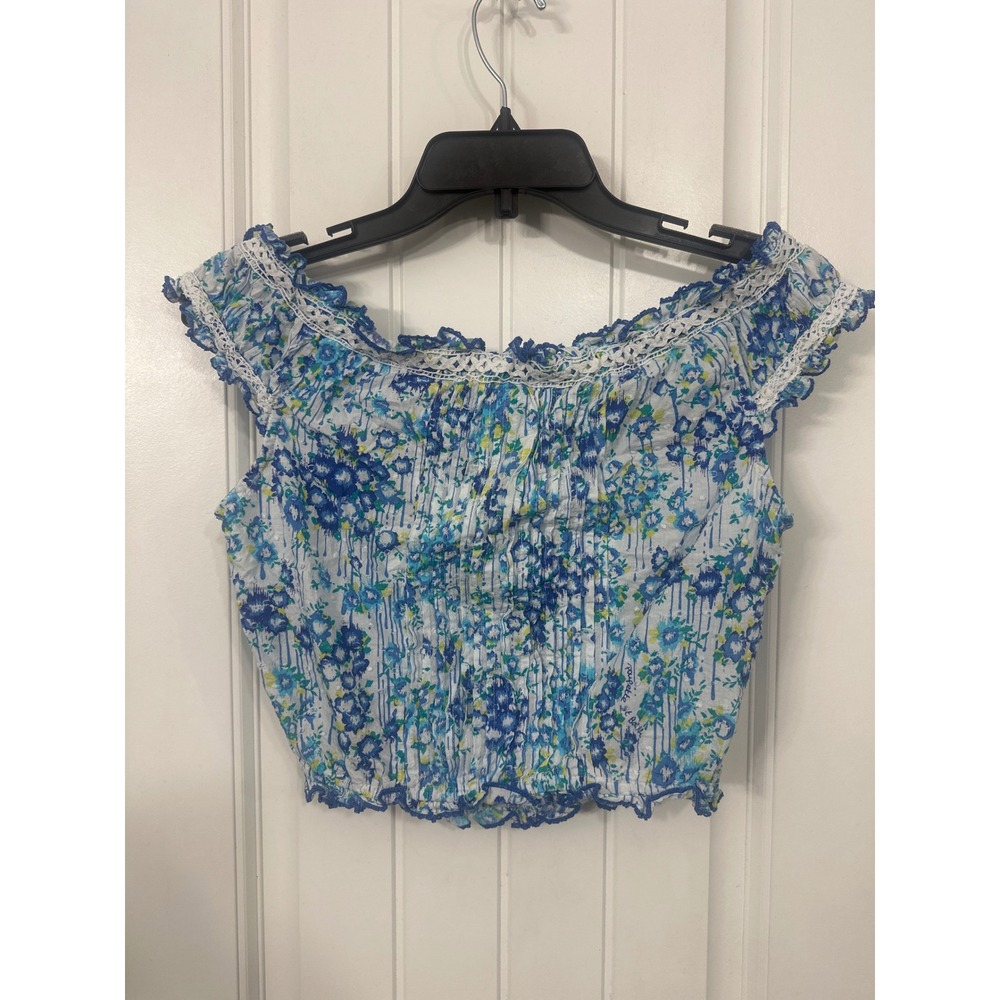Poupette St Barth Blue Floral Off Shoulder Crop Top Button Front Lace Trim Small - Picture 6 of 8